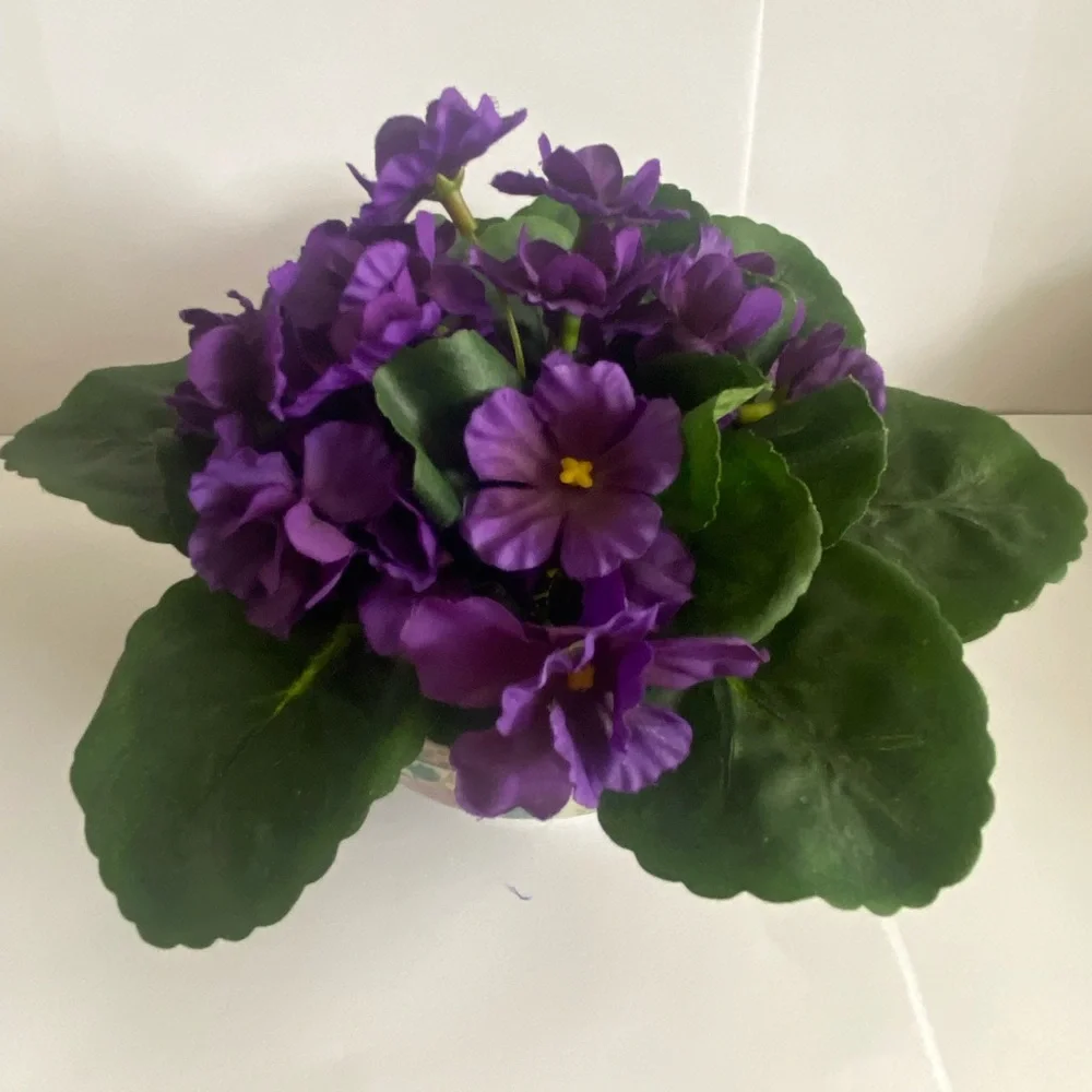 Artificial Purple African Violet in Hand Painted Ceramic Oriental Design Planter